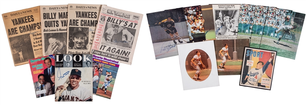 Lot of (17) Baseball and Hockey Hall of Famers and Stars Signed Publications and Flats Including (2) Willie Mays, Joe DiMaggio, and (2) Tom Seaver (Beckett PreCert)